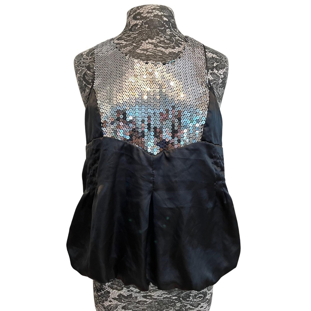 Vintage 90s Black Sequin Tank L McBling Satin Bubble Retro Glam Grunge Fairy